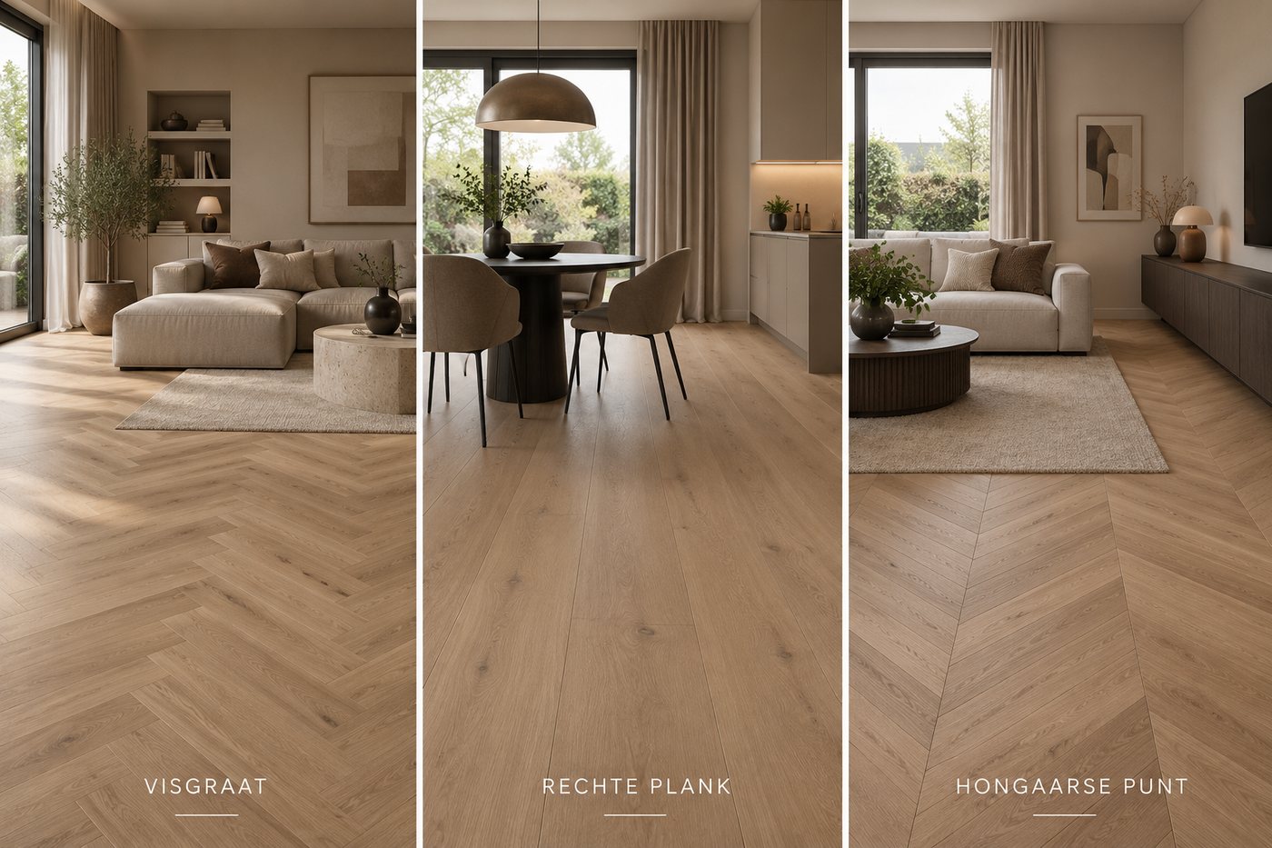 Plak PVC-vloeren van Blinkvloeren in visgraat, rechte plank en hongaarse punt legpatroon, geplaatst in een woonkamer